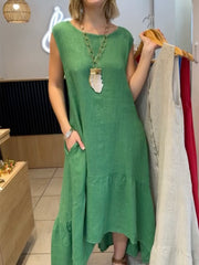 Sukienka z długim rękawem i okrągłym dekoltem, bawełniano-lniana, z kamizelką