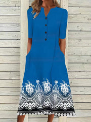 Sukienka damska z nadrukiem i kieszeniami, z dekoltem w serek, długa