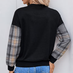 Patchworkowa bluza z okrągłym dekoltem w kratę