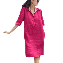 Wiosenno-jesienna duża, luźna sukienka z bawełny i lnu o średniej długości