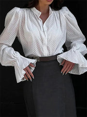 Wiosenno-jesienna francuska koszula żakardowa z bufiastymi rękawami