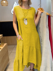 Sukienka z długim rękawem i okrągłym dekoltem, bawełniano-lniana, z kamizelką