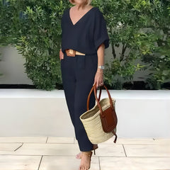 Letni wielokolorowy luźny garnitur z bawełny i lnu z dekoltem w serek