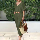 Letni wielokolorowy luźny garnitur z bawełny i lnu z dekoltem w serek