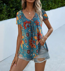 Letnia koszulka damska z krótkim rękawem i dekoltem w kształcie litery V