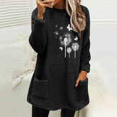 Damska bluza polarowa z okrągłym dekoltem, luźną kieszenią z długim rękawem i wytłoczonym mniszkiem