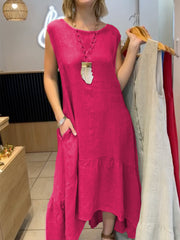 Sukienka z długim rękawem i okrągłym dekoltem, bawełniano-lniana, z kamizelką