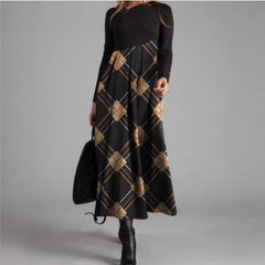 2025 Sukienka midi z nadrukiem i długim rękawem Temperament Slim Fit