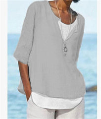Damska koszula z bawełny i lnu, z dekoltem w kształcie litery V