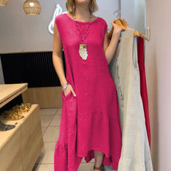 Sukienka z długim rękawem i okrągłym dekoltem, bawełniano-lniana, z kamizelką