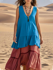 Sukienka bez rękawów z dekoltem w serek, patchworkowa, wielokolorowa