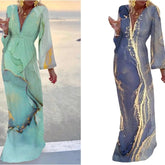 Plażowa sukienka maxi z dekoltem w kształcie litery V, podkreślająca talię