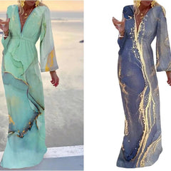 Plażowa sukienka maxi z dekoltem w kształcie litery V, podkreślająca talię