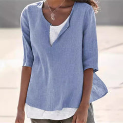 Damska koszula z bawełny i lnu, z dekoltem w kształcie litery V