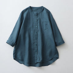 Damska koszula z krótkim rękawem, okrągłym dekoltem, wykonana z bawełny i lnu