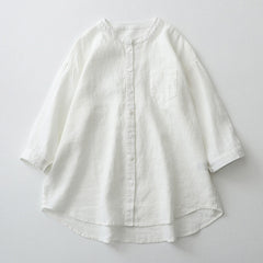 Damska koszula z krótkim rękawem, okrągłym dekoltem, wykonana z bawełny i lnu