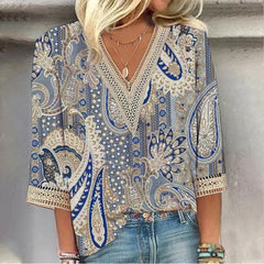 Maricela - Bluzka W Stylu Boho Z Kwiatowym Wzorem I Długimi Rękawami
