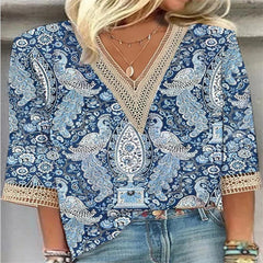 Maricela - Bluzka W Stylu Boho Z Kwiatowym Wzorem I Długimi Rękawami