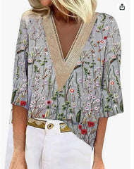 Maricela - Bluzka W Stylu Boho Z Kwiatowym Wzorem I Długimi Rękawami