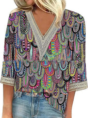 Maricela - Bluzka W Stylu Boho Z Kwiatowym Wzorem I Długimi Rękawami