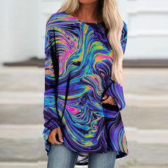 Druk 3D Abstrakcyjny, luźny t-shirt damski z długim rękawem