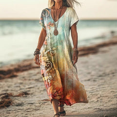 Sukienka damska z luźnym nadrukiem i długim dekoltem w serek