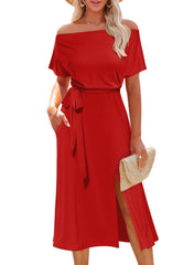 👩🎨Sznurowana sukienka midi z odkrytymi ramionami, krótkim rękawem i rozcięciem w talii