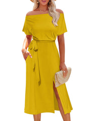 👩🎨Sznurowana sukienka midi z odkrytymi ramionami, krótkim rękawem i rozcięciem w talii