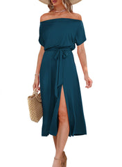 👩🎨Sznurowana sukienka midi z odkrytymi ramionami, krótkim rękawem i rozcięciem w talii