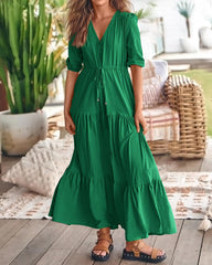 Damska długa sukienka w stylu boho z krótkim rękawem i sznurkiem (Kup 1, a otrzymasz bezpłatną wysyłkę)