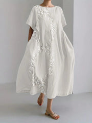 Elegancka długa sukienka z mieszanki lnu i haftem winorośli🌿