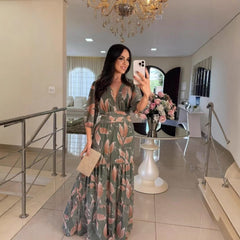 Damska nowa letnia sukienka midi z dekoltem w serek, modna i elegancka, z nadrukiem