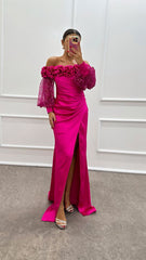 Suknia wieczorowa z rękawami typu lampion w kształcie róży