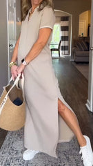 Damska sukienka z rozcięciem na klapie, długa, swobodna