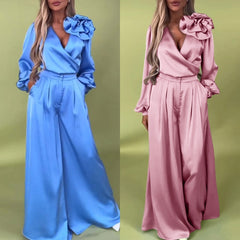 Luksusowy zestaw z satynową koszulą i szerokimi spodniami