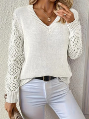 Wiosenno-jesienny, dzianinowy top z długim rękawem i dekoltem w kształcie litery V