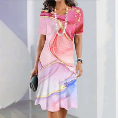 🌸Luźna sukienka z nadrukiem, z krótkim rękawem i okrągłym dekoltem