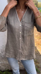 Koszula z klapami i krótkim rękawem, wykonana z bawełny i lnu