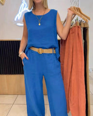 2025 Nowy komplet spodni bez rękawów z bawełny i lnu w jednolitym kolorze, 2 sztuki✨