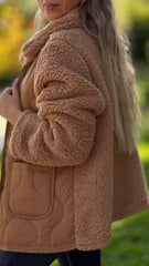 Damski płaszcz z długim rękawem i futrem, patchworkowym, bawełnianym