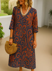 Damska sukienka z krótkim rękawem i nadrukiem, casualowa i długa