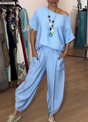 Dwuczęściowy damski top w jednolitym kolorze i luźne spodnie