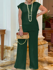 Damski jednokolorowy top bez rękawów z okrągłym dekoltem i zestaw spodni z prostymi nogawkami z kieszeniami