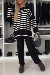 Damski wielokolorowy sweter w paski z okrągłym dekoltem, swobodny, dzianinowy garnitur