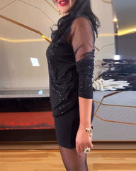 Seksowna sukienka z siateczki z dekoltem w serek i cekinami w jednolitym kolorze