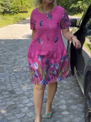 Sukienka damska z bawełny i lnu z kwiatowym wzorem