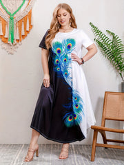 2025 Lato Nowy Drukowany Okrągły Dekolt Duży Rozmiar Długa Sukienka