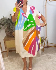 Damska luźna sukienka z krótkim rękawem i nadrukiem