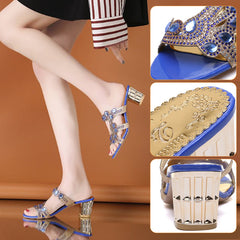 🔥Ostatni dzień zniżki 50% - Damskie lekkie, jednorzędowe, grube, wysadzane kryształkami kapcie na obcasie