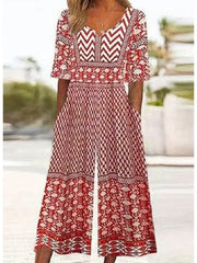 Damski kombinezon w stylu Vintage boho w kwiatowy wzór-V dekolt długie rękawy z kieszeniami